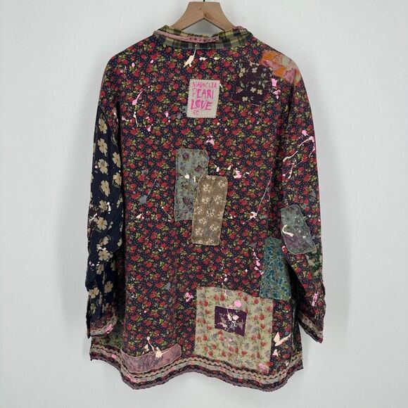 Magnolia Pearl top OS adison workshirt patchwork strawberry floral paint artsy - Picture 12 of 16